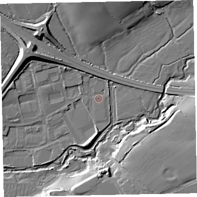 Shaded relief map of the ground around EX166SB, computed from Environment Agency LiDAR. The ground here sits at about 75 m above sea level and falls 17 m across the surrounding 800 m. Surface water reaching this point runs off ground lying to the north-west, 3.7 m higher.