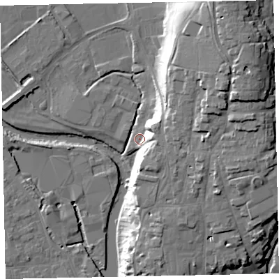 Shaded relief map of the ground around EX166SE, computed from Environment Agency LiDAR. The ground here sits at about 63 m above sea level and falls 28 m across the surrounding 800 m. Surface water reaching this point runs off ground lying to the south-east, 13.6 m higher.