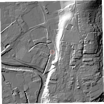 Shaded relief map of the ground around EX166SF, computed from Environment Agency LiDAR. The ground here sits at about 63 m above sea level and falls 32 m across the surrounding 800 m. Surface water reaching this point runs off ground lying to the north-east, 30.2 m higher.