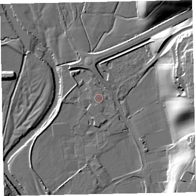 Shaded relief map of the ground around EX166SH, computed from Environment Agency LiDAR. The ground here sits at about 65 m above sea level and falls 33 m across the surrounding 800 m. The ground contributing surface water to this point lies to the north-west.