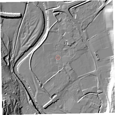 Shaded relief map of the ground around EX166SQ, computed from Environment Agency LiDAR. The ground here sits at about 63 m above sea level and falls 29 m across the surrounding 800 m. Surface water reaching this point runs off ground lying to the north-north-west, 3.8 m higher.