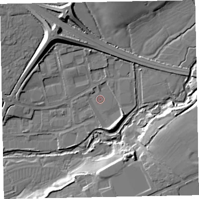 Shaded relief map of the ground around EX166SR, computed from Environment Agency LiDAR. The ground here sits at about 74 m above sea level and falls 17 m across the surrounding 800 m. Surface water reaching this point runs off ground lying to the south-east, 5.9 m higher.