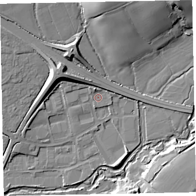 Shaded relief map of the ground around EX166SS, computed from Environment Agency LiDAR. The ground here sits at about 76 m above sea level and falls 23 m across the surrounding 800 m. Surface water reaching this point runs off ground lying to the north-west, 8.1 m higher.