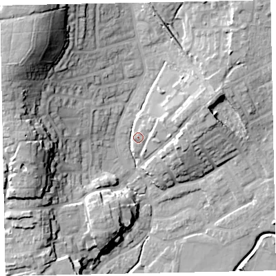 Shaded relief map of the ground around EX166ST, computed from Environment Agency LiDAR. The ground here sits at about 71 m above sea level and falls 29 m across the surrounding 800 m. Surface water reaching this point runs off ground lying to the north-east, 4.6 m higher.