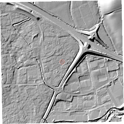 Shaded relief map of the ground around EX166SX, computed from Environment Agency LiDAR. The ground here sits at about 78 m above sea level and falls 23 m across the surrounding 800 m. Surface water reaching this point runs off ground lying to the north-north-west, 2.4 m higher.