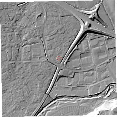 Shaded relief map of the ground around EX166SY, computed from Environment Agency LiDAR. The ground here sits at about 76 m above sea level and falls 18 m across the surrounding 800 m. Surface water reaching this point runs off ground lying to the north, 2.0 m higher.