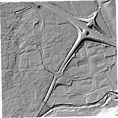 Shaded relief map of the ground around EX166SZ, computed from Environment Agency LiDAR. The ground here sits at about 77 m above sea level and falls 21 m across the surrounding 800 m. Surface water reaching this point runs off ground lying to the north, 3.3 m higher.