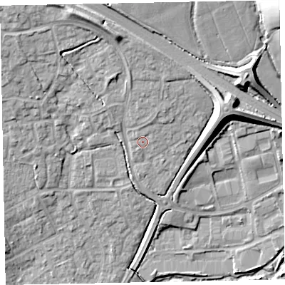 Shaded relief map of the ground around EX166TA, computed from Environment Agency LiDAR. The ground here sits at about 78 m above sea level and falls 19 m across the surrounding 800 m. Surface water reaching this point runs off ground lying to the north-north-east, 1.8 m higher.