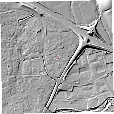 Shaded relief map of the ground around EX166TB, computed from Environment Agency LiDAR. The ground here sits at about 78 m above sea level and falls 23 m across the surrounding 800 m. Surface water reaching this point runs off ground lying to the north-north-east, 2.2 m higher.