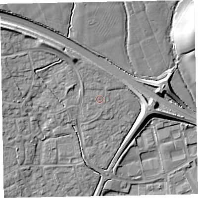 Shaded relief map of the ground around EX166TD, computed from Environment Agency LiDAR. The ground here sits at about 80 m above sea level and falls 20 m across the surrounding 800 m. Surface water reaching this point runs off ground lying to the north-west, 6.3 m higher.