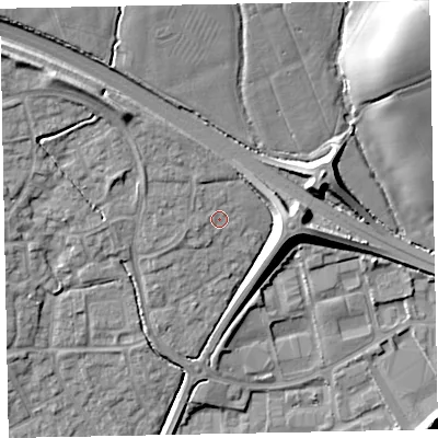 Shaded relief map of the ground around EX166TF, computed from Environment Agency LiDAR. The ground here sits at about 79 m above sea level and falls 22 m across the surrounding 800 m. Surface water reaching this point runs off ground lying to the north-west, 7.3 m higher.