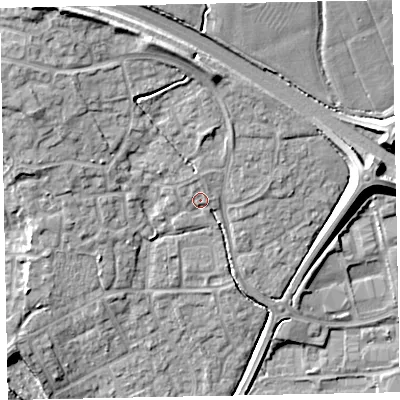 Shaded relief map of the ground around EX166TL, computed from Environment Agency LiDAR. The ground here sits at about 79 m above sea level and falls 18 m across the surrounding 800 m. Surface water reaching this point runs off ground lying to the north-north-west, 2.2 m higher.