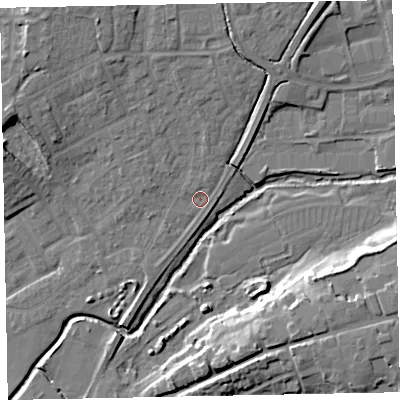 Shaded relief map of the ground around EX166TR, computed from Environment Agency LiDAR. The ground here sits at about 71 m above sea level and falls 17 m across the surrounding 800 m. Surface water reaching this point runs off ground lying to the north-north-east, 1.6 m higher.