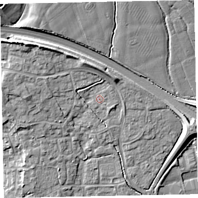 Shaded relief map of the ground around EX166TS, computed from Environment Agency LiDAR. The ground here sits at about 81 m above sea level and falls 18 m across the surrounding 800 m. Surface water reaching this point runs off ground lying to the north-east, 1.6 m higher.