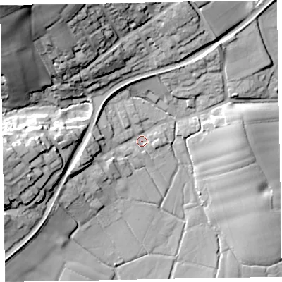 Shaded relief map of the ground around EX167BJ, computed from Environment Agency LiDAR. The ground here sits at about 87 m above sea level and falls 54 m across the surrounding 800 m. Surface water reaching this point runs off ground lying to the west-south-west, 8.9 m higher.