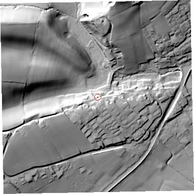 Shaded relief map of the ground around EX167BR, computed from Environment Agency LiDAR. The ground here sits at about 106 m above sea level and falls 56 m across the surrounding 800 m. Surface water reaching this point runs off ground lying to the south-south-east, 6.8 m higher.