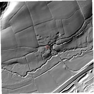 Shaded relief map of the ground around EX167DG, computed from Environment Agency LiDAR. The ground here sits at about 89 m above sea level and falls 25 m across the surrounding 800 m. Surface water reaching this point runs off ground lying to the north, 16.4 m higher.