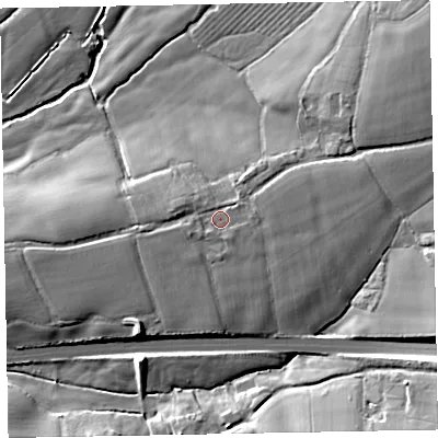 Shaded relief map of the ground around EX167DQ, computed from Environment Agency LiDAR. The ground here sits at about 107 m above sea level and falls 19 m across the surrounding 800 m. Surface water reaching this point runs off ground lying to the east-north-east, 1.8 m higher.