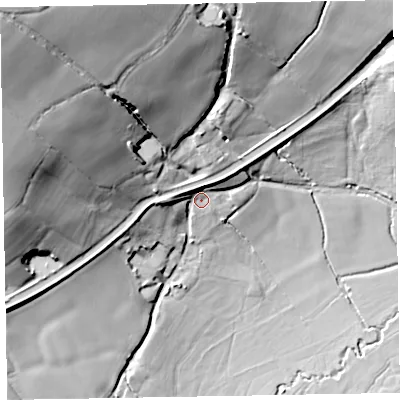 Shaded relief map of the ground around EX167HL, computed from Environment Agency LiDAR. The ground here sits at about 88 m above sea level and falls 55 m across the surrounding 800 m. Surface water reaching this point runs off ground lying to the west, 6.9 m higher.