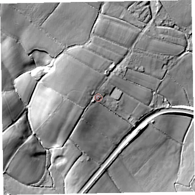 Shaded relief map of the ground around EX167HN, computed from Environment Agency LiDAR. The ground here sits at about 104 m above sea level and falls 33 m across the surrounding 800 m. Surface water reaching this point runs off ground lying to the north-west, 6.4 m higher.