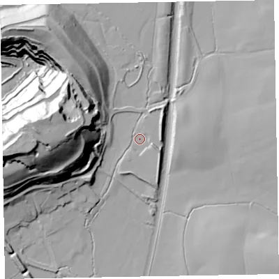 Shaded relief map of the ground around EX167JD, computed from Environment Agency LiDAR. The ground here sits at about 96 m above sea level and falls 85 m across the surrounding 800 m. Surface water reaching this point runs off ground lying to the north-east, 7.7 m higher.