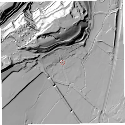 Shaded relief map of the ground around EX167JF, computed from Environment Agency LiDAR. The ground here sits at about 96 m above sea level and falls 84 m across the surrounding 800 m. Surface water reaching this point runs off ground lying to the north-north-west, 56.1 m higher.