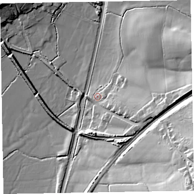 Shaded relief map of the ground around EX167JQ, computed from Environment Agency LiDAR. The ground here sits at about 96 m above sea level and falls 38 m across the surrounding 800 m. Surface water reaching this point runs off ground lying to the east-south-east, 13.6 m higher.