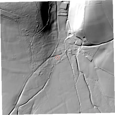 Shaded relief map of the ground around EX167PS, computed from Environment Agency LiDAR. The ground here sits at about 97 m above sea level and falls 75 m across the surrounding 800 m. Surface water reaching this point runs off ground lying to the north-west, 24.4 m higher.