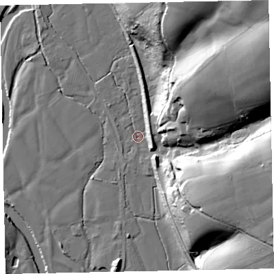 Shaded relief map of the ground around EX167RB, computed from Environment Agency LiDAR. The ground here sits at about 68 m above sea level and falls 54 m across the surrounding 800 m. Surface water reaching this point runs off ground lying to the north-east, 51.3 m higher.