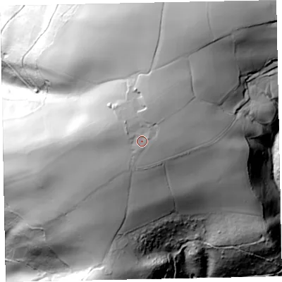Shaded relief map of the ground around EX167RN, computed from Environment Agency LiDAR. The ground here sits at about 204 m above sea level and falls 136 m across the surrounding 800 m. Surface water reaching this point runs off ground lying to the north-north-east, 9.0 m higher.