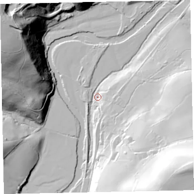Shaded relief map of the ground around EX167RR, computed from Environment Agency LiDAR. The ground here sits at about 86 m above sea level and falls 84 m across the surrounding 800 m. Surface water reaching this point runs off ground lying to the east, 36.8 m higher.