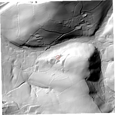 Shaded relief map of the ground around EX167RU, computed from Environment Agency LiDAR. The ground here sits at about 127 m above sea level and falls 103 m across the surrounding 800 m. Surface water reaching this point runs off ground lying to the east-south-east, 42.0 m higher.