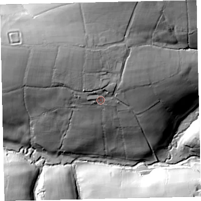 Shaded relief map of the ground around EX168EA, computed from Environment Agency LiDAR. The ground here sits at about 193 m above sea level and falls 52 m across the surrounding 800 m. Surface water reaching this point runs off ground lying to the north-north-west, 13.0 m higher.