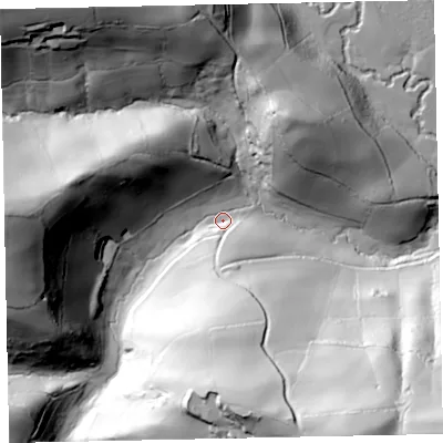 Shaded relief map of the ground around EX168HL, computed from Environment Agency LiDAR. The ground here sits at about 81 m above sea level and falls 108 m across the surrounding 800 m. Surface water reaching this point runs off ground lying to the south, 81.0 m higher.