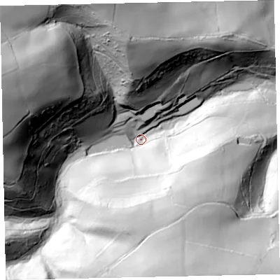 Shaded relief map of the ground around EX168HX, computed from Environment Agency LiDAR. The ground here sits at about 105 m above sea level and falls 111 m across the surrounding 800 m. Surface water reaching this point runs off ground lying to the west-north-west, 101.3 m higher.