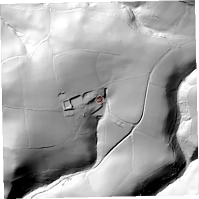 Shaded relief map of the ground around EX168JS, computed from Environment Agency LiDAR. The ground here sits at about 182 m above sea level and falls 104 m across the surrounding 800 m. Surface water reaching this point runs off ground lying to the north-north-west, 22.5 m higher.