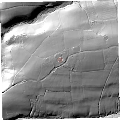 Shaded relief map of the ground around EX168LL, computed from Environment Agency LiDAR. The ground here sits at about 213 m above sea level and falls 64 m across the surrounding 800 m. Surface water reaching this point runs off ground lying to the north-east, 3.5 m higher.