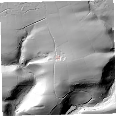 Shaded relief map of the ground around EX168LP, computed from Environment Agency LiDAR. The ground here sits at about 186 m above sea level and falls 84 m across the surrounding 800 m. Surface water reaching this point runs off ground lying to the east-south-east, 8.4 m higher.