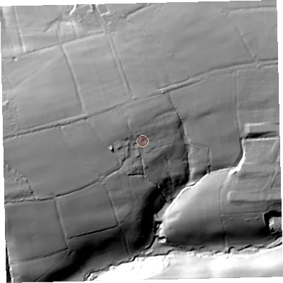 Shaded relief map of the ground around EX168NP, computed from Environment Agency LiDAR. The ground here sits at about 197 m above sea level and falls 44 m across the surrounding 800 m. Surface water reaching this point runs off ground lying to the west-north-west, 5.5 m higher.