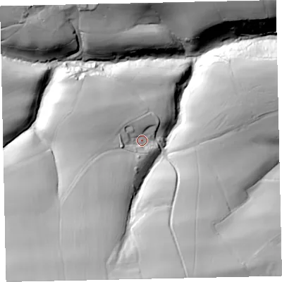 Shaded relief map of the ground around EX168PH, computed from Environment Agency LiDAR. The ground here sits at about 196 m above sea level and falls 74 m across the surrounding 800 m. Surface water reaching this point runs off ground lying to the south-south-west, 37.1 m higher.