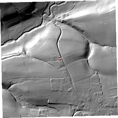 Shaded relief map of the ground around EX168PU, computed from Environment Agency LiDAR. The ground here sits at about 174 m above sea level and falls 60 m across the surrounding 800 m. Surface water reaching this point runs off ground lying to the south-east, 12.3 m higher.