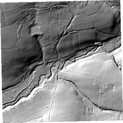 Shaded relief map of the ground around EX168QJ, computed from Environment Agency LiDAR. The ground here sits at about 148 m above sea level and falls 50 m across the surrounding 800 m. Surface water reaching this point runs off ground lying to the north-north-west, 41.7 m higher.