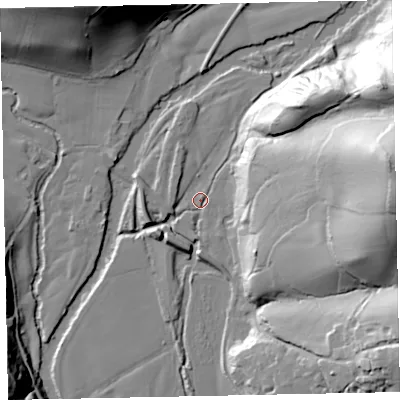 Shaded relief map of the ground around EX168RG, computed from Environment Agency LiDAR. The ground here sits at about 47 m above sea level and falls 80 m across the surrounding 800 m. Surface water reaching this point runs off ground lying to the east, 77.3 m higher.