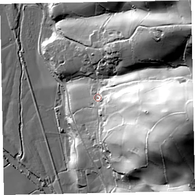 Shaded relief map of the ground around EX168RH, computed from Environment Agency LiDAR. The ground here sits at about 65 m above sea level and falls 103 m across the surrounding 800 m. Surface water reaching this point runs off ground lying to the east-south-east, 62.7 m higher.