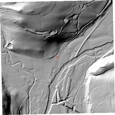 Shaded relief map of the ground around EX168RJ, computed from Environment Agency LiDAR. The ground here sits at about 48 m above sea level and falls 76 m across the surrounding 800 m. Surface water reaching this point runs off ground lying to the north-north-west, 54.1 m higher.