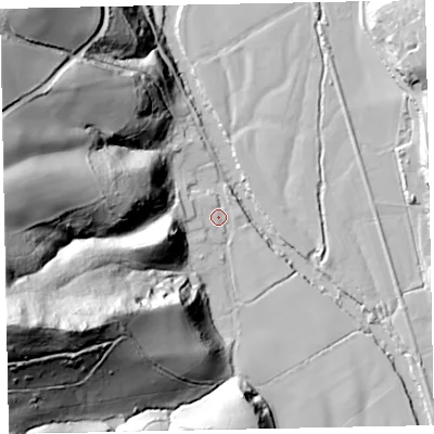 Shaded relief map of the ground around EX168RP, computed from Environment Agency LiDAR. The ground here sits at about 45 m above sea level and falls 91 m across the surrounding 800 m. Surface water reaching this point runs off ground lying to the west-south-west, 25.0 m higher.