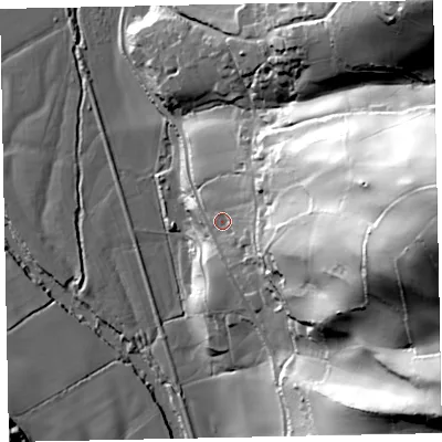 Shaded relief map of the ground around EX168RQ, computed from Environment Agency LiDAR. The ground here sits at about 61 m above sea level and falls 99 m across the surrounding 800 m. Surface water reaching this point runs off ground lying to the east, 79.0 m higher.
