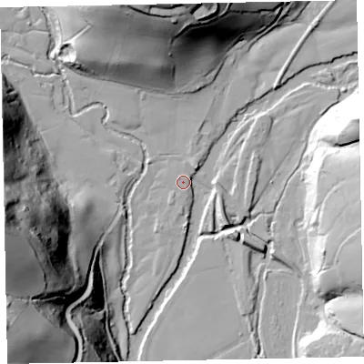 Shaded relief map of the ground around EX168RW, computed from Environment Agency LiDAR. The ground here sits at about 46 m above sea level and falls 78 m across the surrounding 800 m. Surface water reaching this point runs off ground lying to the north-west, 1.8 m higher.