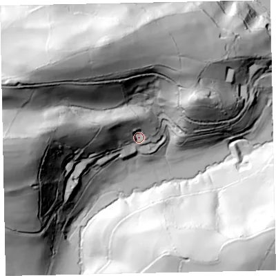 Shaded relief map of the ground around EX168RZ, computed from Environment Agency LiDAR. The ground here sits at about 73 m above sea level and falls 106 m across the surrounding 800 m. Surface water reaching this point runs off ground lying to the north-west, 29.8 m higher.