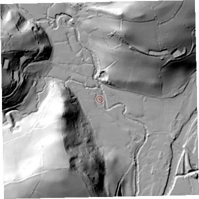 Shaded relief map of the ground around EX168SA, computed from Environment Agency LiDAR. The ground here sits at about 49 m above sea level and falls 91 m across the surrounding 800 m. Surface water reaching this point runs off ground lying to the south-west, 80.6 m higher.